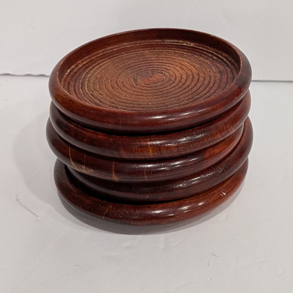 Vintage Mid Century Turned Wood Coasters Set of 5 Concentric Ring Grooved MCM